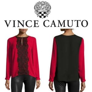 Vince Camuto Red/Black Front Lace Long Sleeve Top